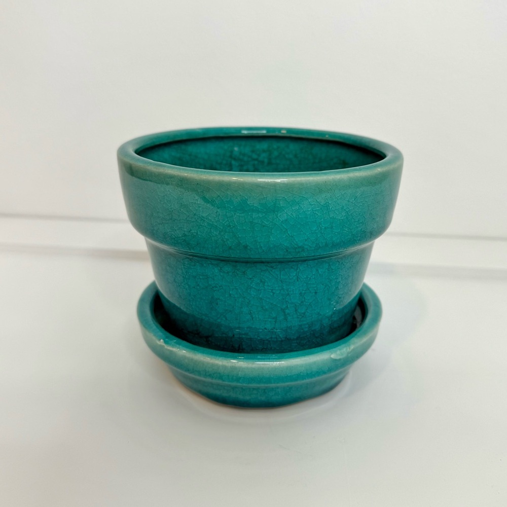 Gorgeous Teal Crackled Ceramic Glazed Planter With Built-In Drip Tray - Picture 2 of 4